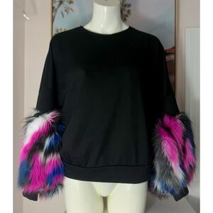Flamant Rose Black Sweatshirt Faux Fur Multicolor Cuff Sleeve Crewneck Large